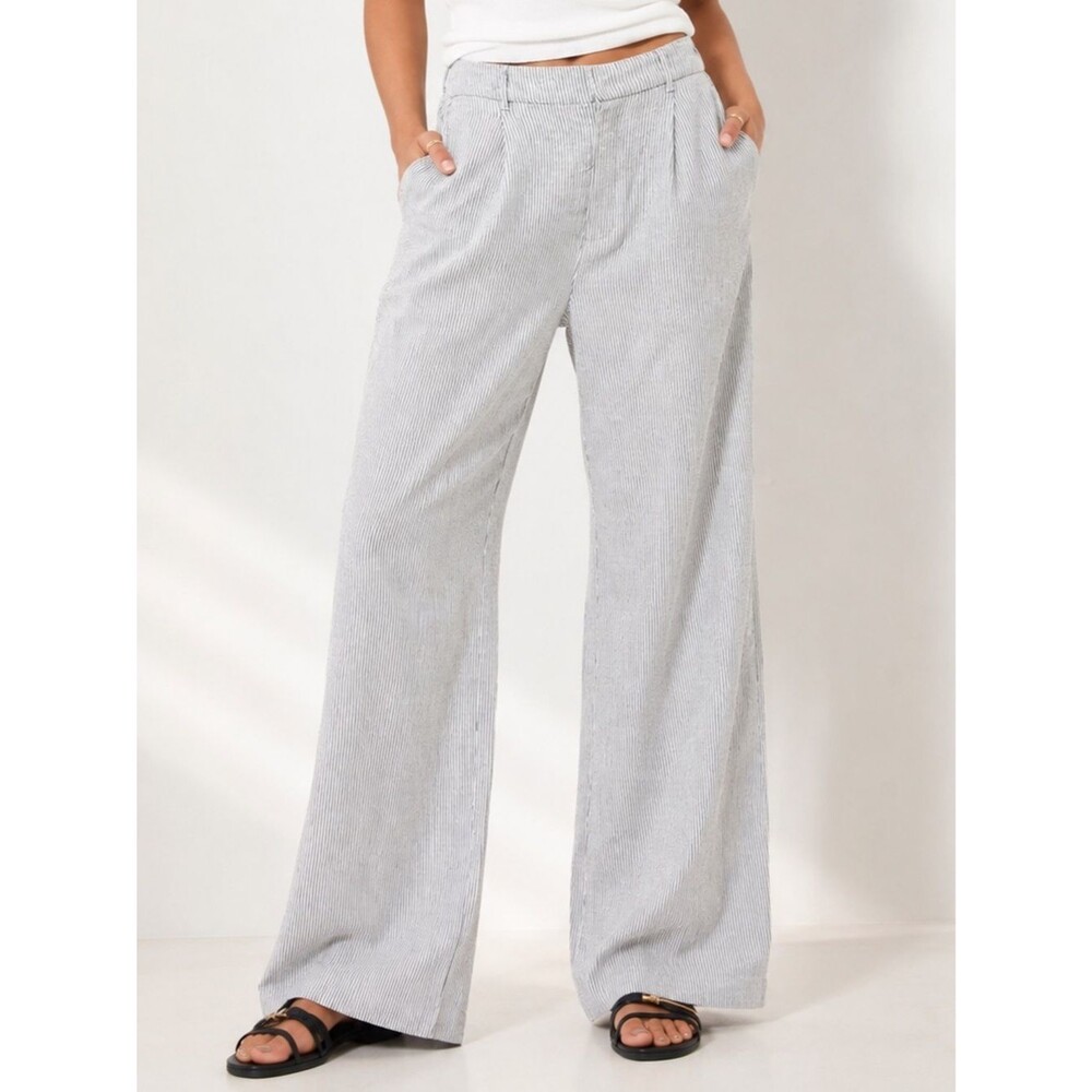 NWT Old Navy Linen Wide Leg Trouser Pants Gray Ivory Stripe High Rise Size Large